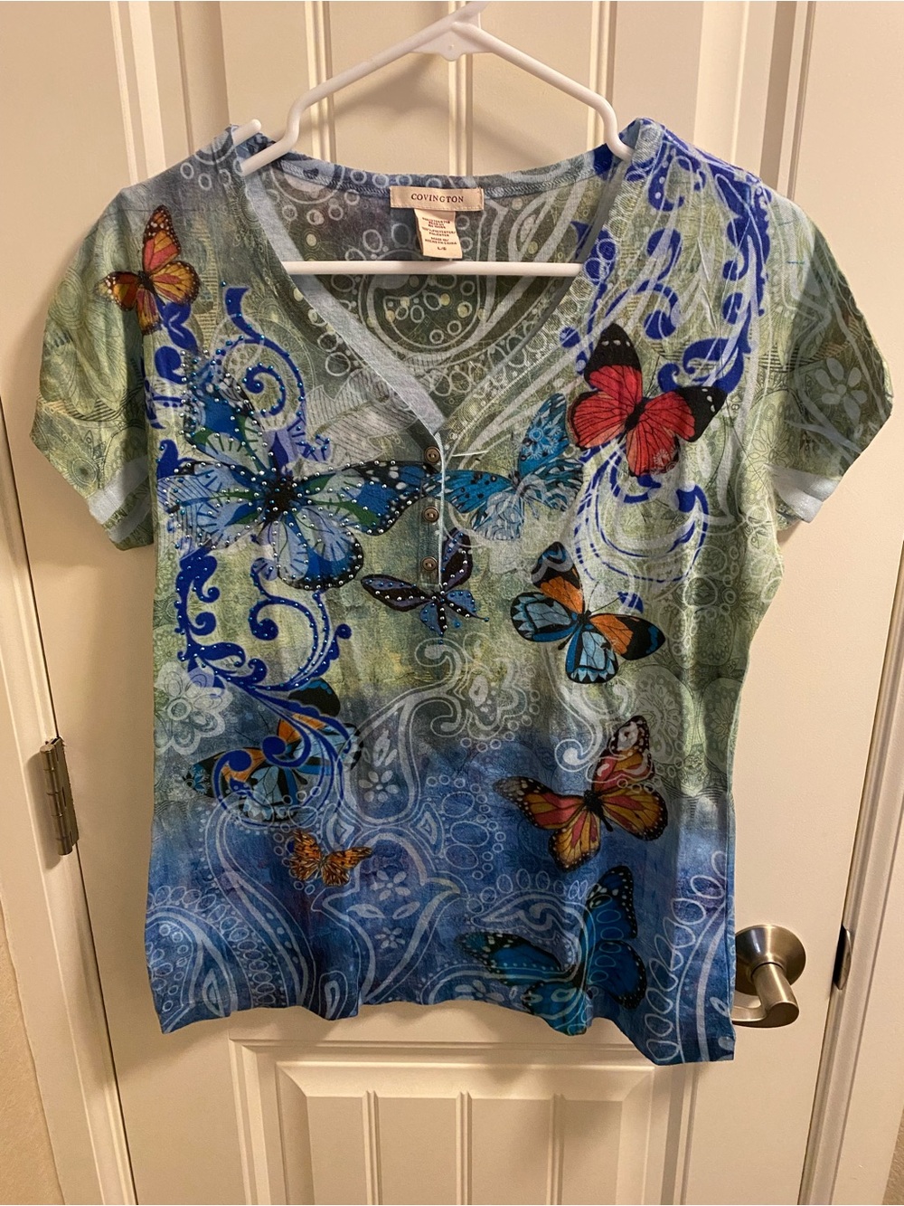 Covington L Top Sublimation Blouse Butterfly Bling Shirt Large Lg